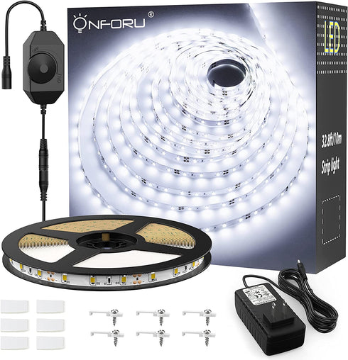 Onforu White LED Strip Lights, 32.8ft Super Bright Dimmable Tape Light Kit, 600 LEDs Daylight Bright Christmas Rope Light, Flexible Strip Lighting 6000K for Mirror, Under Cabinet, Home, Bedroom