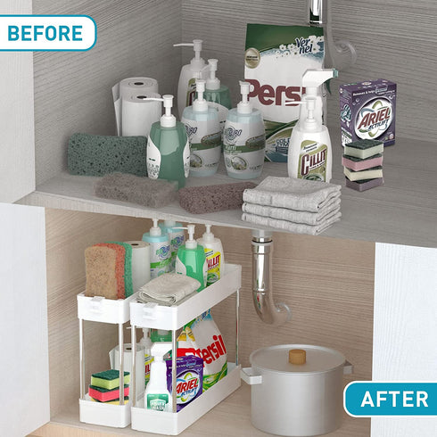 SPACEKEEPER Under Sink Organizers Storage, Bathroom Under Sink Shelf Basket, 2 Tier Bath Organizers and Storage Rack with Hooks, Under Kitchen Sink Shelf Multi-purpose, White