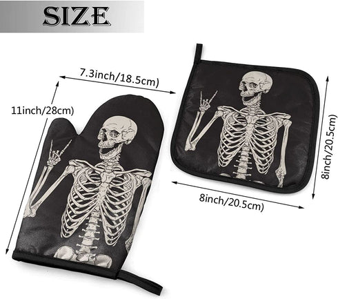 Halloween 3D Skeleton Kitchen Oven Mitts and Pot Holders Sets of 2,Resistant Hot Pads ,Flexible Cooking Oven Gloves for Microwave BBQ Cooking Baking Grilling