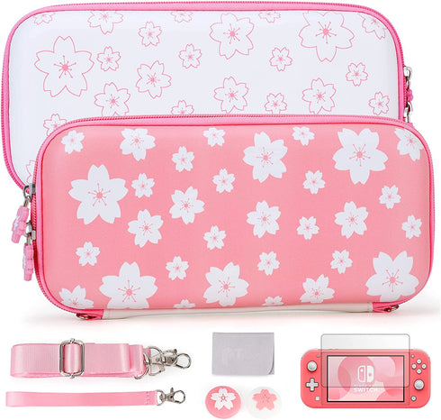 Tscope Cute Carrying Case for Nintendo Switch Lite, Pink Sakura Portable Hard Shell Girls Travel Storage Bag, with Glass Screen Protector & Thumb Grip Caps (Switch Lite Pink)