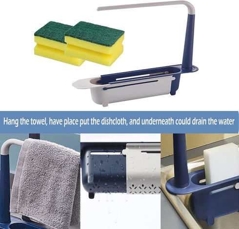 Updated Telescopic Sink Holder Storage Rack Adjustable Length Drainer Sink Storage Rack Holder Storage Sponge Soap Holder with Dishcloth Hanger Expandable Storage Drain Basket for Home Kitchen (Blue)