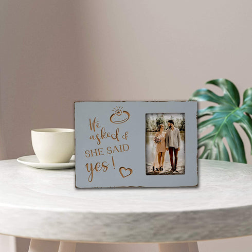 Wedding Engagement Gifts for Women Bride to Be - Lovers Engraved Picture Frame 4x6 Inches - He Asked and She Said Yes
