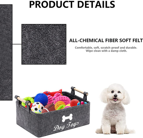 Geyecete Dog Toys Storage Bins - with Wooden Handle,Decorative Basket Rectangular Soft Felt Storage Bin Organizer Basket Pet Supplies Storage Basket/Bin Kids Toy Chest Storage Trunk(Dog-Grey)