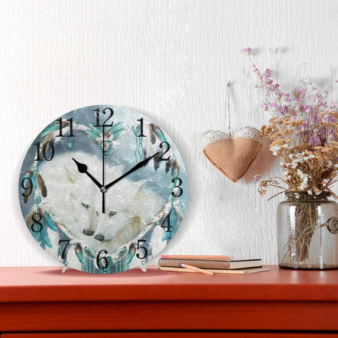 Dream Catcher Wolf Wall Clock Decorative Haning Clock Silent Non Ticking Time Clock for Living Room Kitchen Bedroom