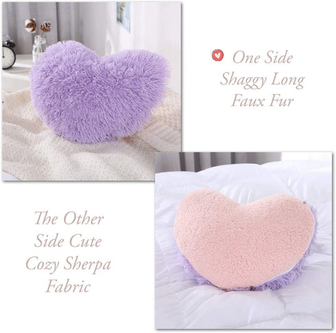 Easter Fluffy Heart Pillow ,Valentines Day Decor Faux Fur Throw Pillow,Sherpa Plush Shaggy, Solid Color, Heart Shape (Purple)