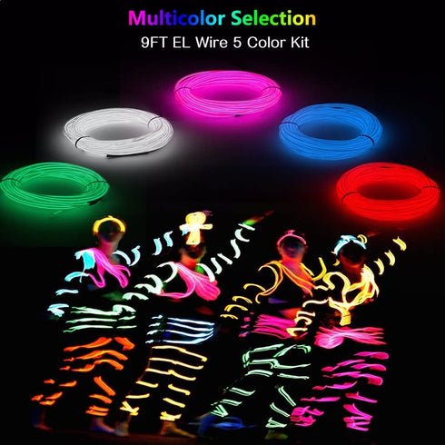 EL Wire Kit 9ft, Portable Neon EL Wire Lights Super Bright Battery Operated for Cosplay Dress Festival Party Halloween DIY Christmas Decoration (5 Pack, Each of 9ft, Red, Green, Pink, Blue, White)