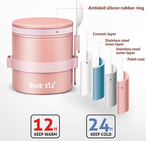 BLUE ELE Leakproof, Vacuum Insulated Thermos Hot Lunch Containers with Ceramic-Coated Stainless Steel, Easy Grip Lid, and Folding Spoon, 13.5oz, Carnation Pink