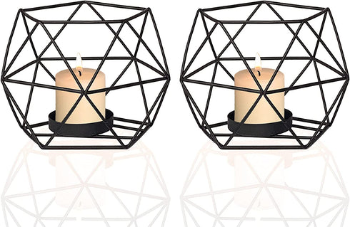 MAINFOR Geometric Tealight Candle Holder Decor for Table Centerpiece, Candle Holder for Pillar Candles Stand Candlestick Holder, Set of 2 Black Metal Wrought Iron Wire Tea Light Candle Sticks Holder