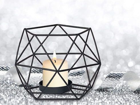 MAINFOR Geometric Tealight Candle Holder Decor for Table Centerpiece, Candle Holder for Pillar Candles Stand Candlestick Holder, Set of 2 Black Metal Wrought Iron Wire Tea Light Candle Sticks Holder
