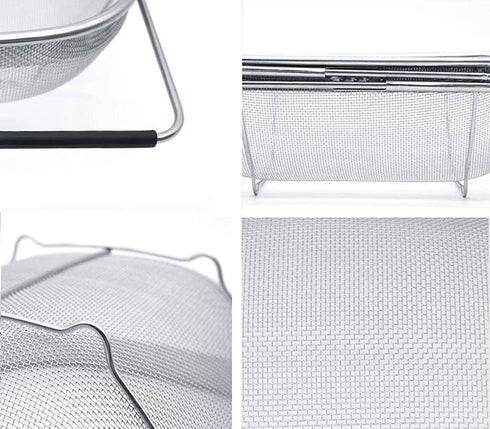 Over the Sink Colander, Stainless Steel Fine Mesh Expandable Oval Strainer Basket Colander with Rubber Grip Handles 6 Quart Colander For Kitchen Sink, Strain, Drain, Rinse Fruits, Vegetables