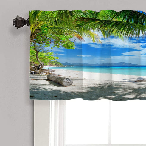 Shrahala Tropical Beach Palm Tree Kitchen Valances Half Window Curtain, Summer Holiday Beach Palm Trees Blue Kitchen Valance for Window Ink Printing Kitchen Valances for Kitchen Decor 52x18 inch