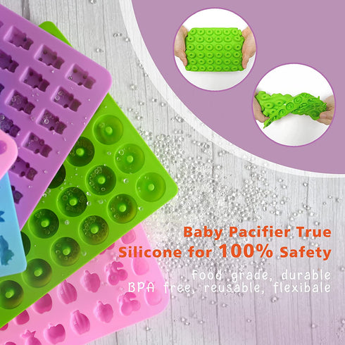 Gummy Molds Bear Candy Silicone 32PCS SET, 18 Shapes for 327 Candies, With 4 Droppers, Clean Brush, Storage Box, 20 Bags, Including Love Dinosaur Mini Donut Fruit Animals Shaped Nostick Jello Fun Mold