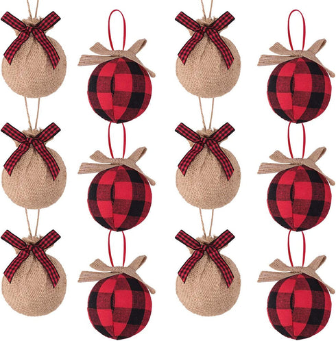 Ivenf Christmas Tree Decorations, 12pcs Buffalo Plaid Burlap Farmhouse Christmas Ornaments, Red Black Country Xmas Decor Indoor, Cute Rustic Xmas Ball for Home Office Family Holiday Party, Unbreakable
