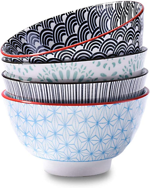 Japanese Style Ceramic Rice Bowls set of 4 Color For Dessert Snack Cereal Soup