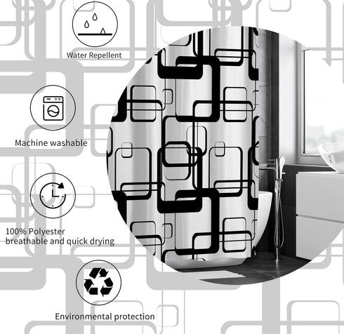 Black and White Shower Curtain Modern Black Geometric Shower Curtain Abstract Fabric Shower Curtain for Bathroom Decorative Waterproof with 12 Hooks, 72 x 72 Inches