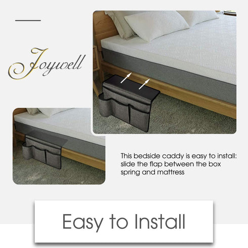 Joywell Bedside Storage Bedroom Organization Bedside Caddy Remote Control Holder 4 Pockets Bedside Organizer Dorm Insert Mattress for Remote Control, Phone, Magazine, iPad, Tablet, Grey