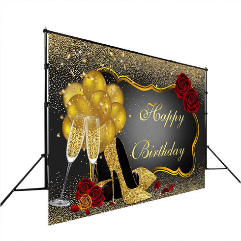 10x7ft Glitter Golden and Black Birthday Photography Backdrop Red Rose Floral Champagnes Glass Balloons Party Background for Adult Women Happy Birthday Party Decorations Photo Booth Props