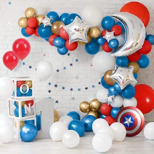 ROYWEL 95pcs Balloon Garland Arch Kit, Superhero Avengers Theme, Party Supplies Decorative for Kids, Red White Latex Balloons and Blue Gold Metallic Balloons for Baby Showers, Birthday, Festival, Weddings, Graduations, Corporate Events