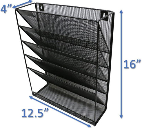 Wall File Mesh Organizer - 5 Pockets - Hanging Letter & Document Holder - Black - for Office and Home