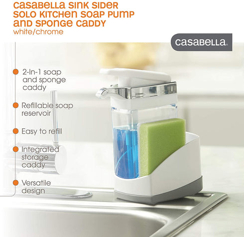 Casabella Kitchen Soap Pump Caddy, White Sink Sider Solo with Sponge Chrome Plating