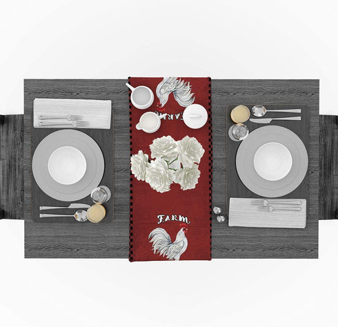 Meet 1998 Cotton Linen Table Runners Farm Animal Rooster Cock Tablecovers for Kitchen Garden Red Wedding Parties Dinner Indoor Outdoors Home Decorations 13x70 inches