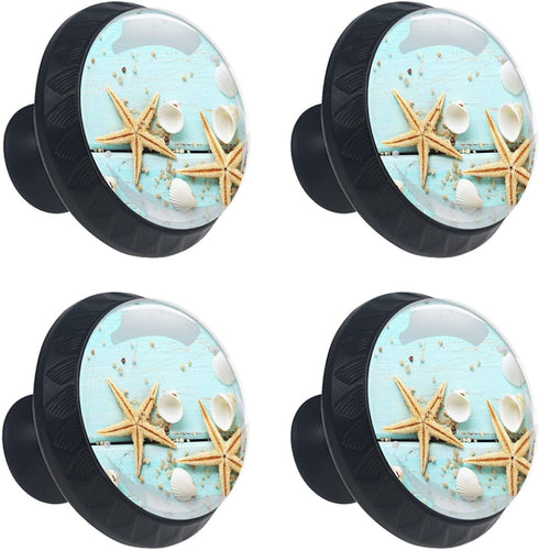 4 Pcs 35mm Seashell Starfish On Teal Wooden Background Cabinet Knobs Round Crystal Glass Drawer Handles Pull with Screws for Home, Office, Kitchen, Bathroom Cabinet, Dresser, Cupboard (1-3/8 Inches)