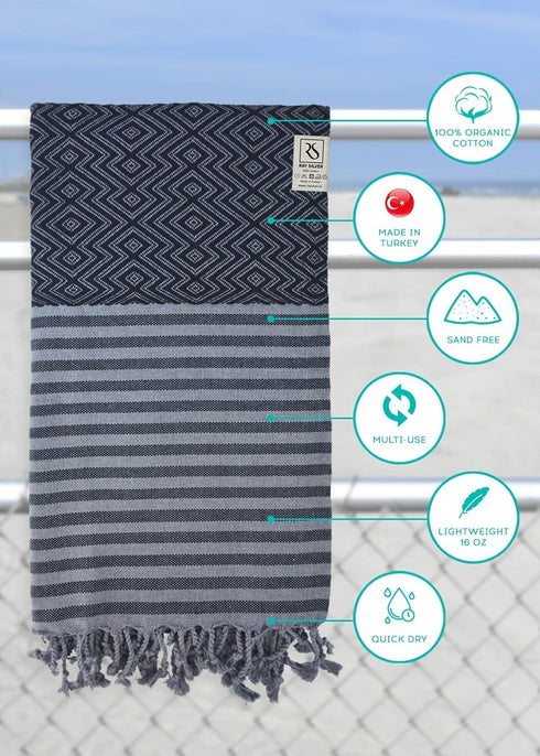Ray Silver Premium Turkish Beach Towel 100% Cotton-Quick Dry Turkish Bath Towel 71?x40?(100x180 cm)-Prewashed Peshtemal Blanket-Thin Light Weight Travel SPA Pool Bath Beach Gym Pool (Black/Grey)