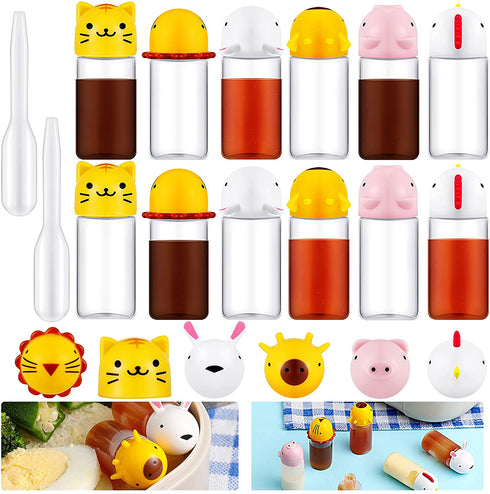 14 Pieces Bento Soy Sauce Case Container Bento Box Accessories, Mini Condiment Plastic Bottle with Dropper, Cute Animal Lunch Sauce Case Container for Kids Hiking Travel Lunch Salad Ketchup Syrup Oil