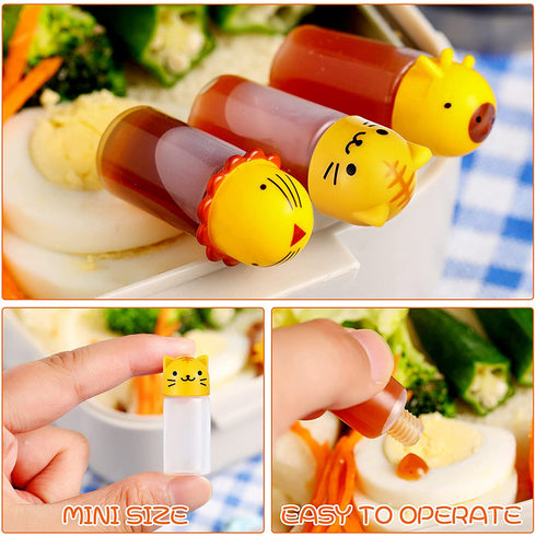 14 Pieces Bento Soy Sauce Case Container Bento Box Accessories, Mini Condiment Plastic Bottle with Dropper, Cute Animal Lunch Sauce Case Container for Kids Hiking Travel Lunch Salad Ketchup Syrup Oil
