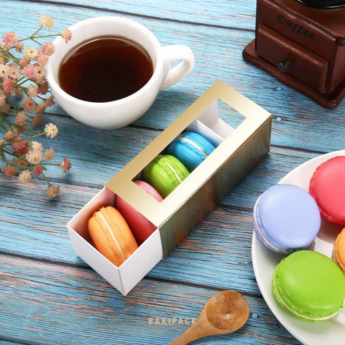 BAKIPACK 25 Macaron Boxes for 4 or 5 Macarons Gold Macaron Gift Boxes?Candy Gift Boxes, Macarons Box with Clear Window (Interior Measurement 4.8" x 1.8" x 1.8" without Macaron inside)