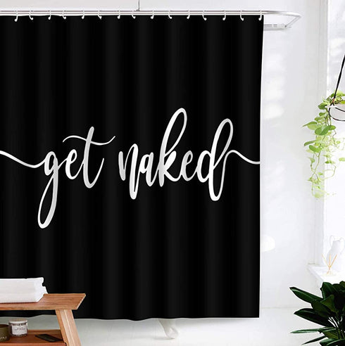 Bartori Home Decorative Shower Curtain with Free Hooks Overstriking and illegible White Words Get Naked On Black Background Waterproof Polyester Fabric Bath Curtain with Size 71''X71''