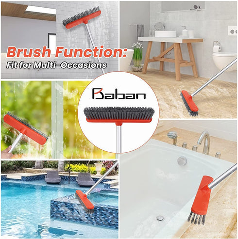 Baban Floor Squeegee Scrubber with Scrub Brush, Window Cleaning Tool with 13.8'' Floor Squeegee and 11.8'' Sweep Brush, Multifunction Magic Broom with 60˜™ Long Handle, Squeegee Broom for Liquid Dirt