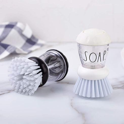 Rae Dunn Collection Soap Dispensing Dish Brush Set - Set of 2 Palm Brush Dish Scrubber with 2 Replacement Brush Heads
