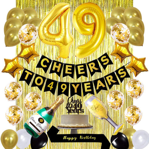Gold 49th Birthday Decorations Kit, Cheers To 49 Years Banner Balloons 49th Cake Topper Birthday Sash Gold Tinsel Foil Fringe Curtains for 49 Birthday&Anniversary Decorations