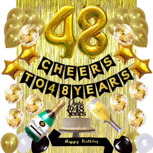 Gold 48th Birthday Decorations Kit, Cheers To 48 Years Banner Balloons 48th Cake Topper Birthday Sash Gold Tinsel Foil Fringe Curtains for 48 Birthday&Anniversary Decorations