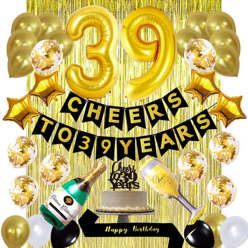 Gold 39th Birthday Decorations Kit, Cheers To 39 Years Banner Balloons 39th Cake Topper Birthday Sash Gold Tinsel Foil Fringe Curtains for 39 Birthday&Anniversary Decorations