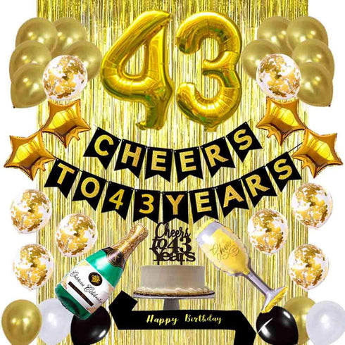 Gold 43rd Birthday Decorations Kit, Cheers To 43 Years Banner Balloons 43rd Cake Topper Birthday Sash Gold Tinsel Foil Fringe Curtains for 43 Birthday&Anniversary Decorations