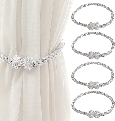Bling Magnetic Curtain Tiebacks, Decorative Curtain Holdbacks, Crystal Tie Backs for Curtains, Curtain Holders for Window Draperies - 16 inch, Grace, Simplicity & Elegance (Silver, 4)