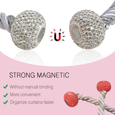 Bling Magnetic Curtain Tiebacks, Decorative Curtain Holdbacks, Crystal Tie Backs for Curtains, Curtain Holders for Window Draperies - 16 inch, Grace, Simplicity & Elegance (Silver, 4)