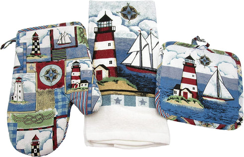 Capes Treasures Nautical Summer Kitchen Set - Dish Towel, Pot Holder, and Oven Mitt (Sailboat and Lighthouses)