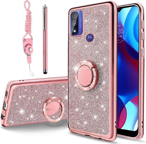 B-wishy for Motorola Moto G Pure Case.Moto G Power Case 2022 for Women, Glitter Crystal Butterfly Heart Floral Slim TPU Luxury Bling Cute Cover with Kickstand+Strap for Motorola Moto G Pure (Pink)