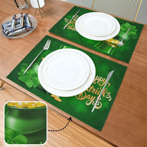 Wamika St Patricks Day Clover Placemats Set of 4 Gold Coins Pot Shamrock Table Mats Burlap Placemat Washable Non-Slip Heat Resistant Place Mats for Party Kitchen Dining Decorations 12 X 18 in