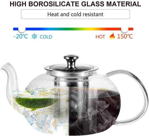 Glass Teapot Kettle, OAMCEG 40 OZ / 1.2 L Teapot with Removable Infuser & Lid & Handle, Glass Tea Kettle Stovetop Safe, Great For Loose Leaf Tea, Blooming Tea, Tea Bags & Fruit Infused Water