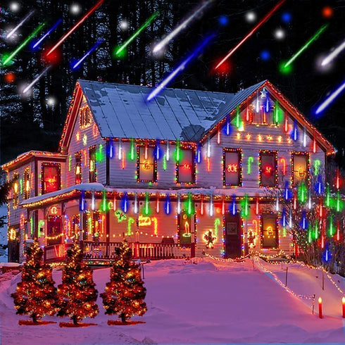 Meteor Shower Lights, Waterproof Falling Rain Lights with 30cm 8 Tubes 144 LED Falling Rain Drop Christmas Icicle Cascading Lights for Halloween Thanksgiving Holiday Party Home, UL Plug, Multicolor