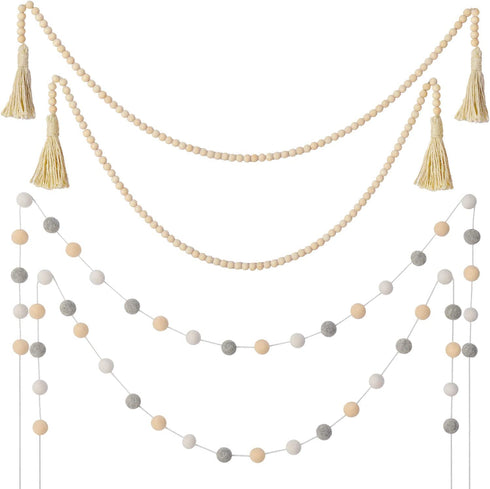 WILLBOND 2 Pieces Boho Wooden Bead Garlands Boho Garland Decor Farmhouse Rustic Country Beads and 2 Pieces Felt Ball Garlands Farmhouse Bead Tassel Hanging Garland for Christmas Party Home Decoration