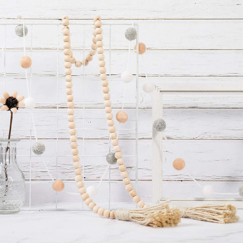 WILLBOND 2 Pieces Boho Wooden Bead Garlands Boho Garland Decor Farmhouse Rustic Country Beads and 2 Pieces Felt Ball Garlands Farmhouse Bead Tassel Hanging Garland for Christmas Party Home Decoration