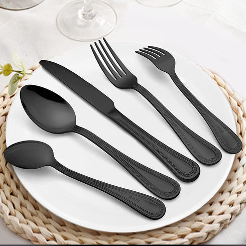 LIANYU 20-Piece Black Silverware Set for 4, Stainless Steel Flatware Cutlery Set with Pearled Edge, Home Kitchen Restaurant Tableware Utensils Include Knives Spoons Forks, Dishwasher Safe