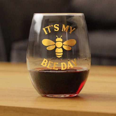 Bee Day - Funny Birthday Stemless Wine Glass for Women and Men - Bumblebee Bday Gifts Party Decor - Large 15 oz - Gold