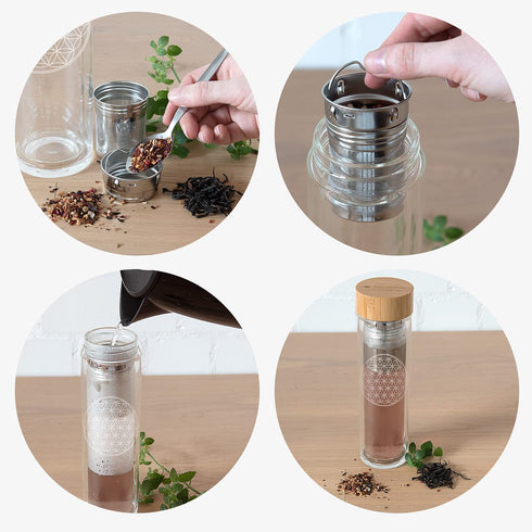 Navaris Glass Water Bottle with Tea Infuser - Double Walled Borosilicate Glass Travel Tumbler with Bamboo Lid - 15.2oz (450ml), Flower of Life Design