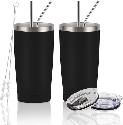 2 Pack Travel Tumblers, 20 Oz Stainless Steel Tumblers with Lids Straws, Vacuum Insulated Tumblers, Double Wall Travel Tumblers, Powder Coated Insulated Coffee Cup for Hot and Cold Drinks, Black